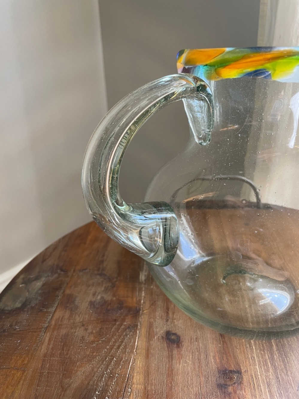 Mexican Recycled Clear Glass Pitcher with Colorful Rim - Picture 7 of 7